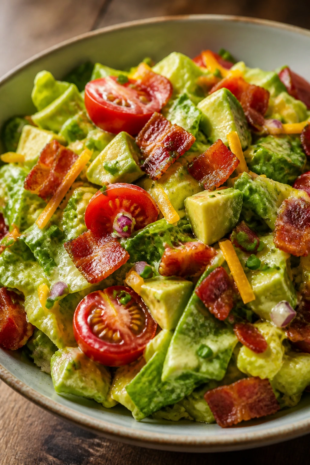 BLT-inspired chopped salad with bacon, tomatoes, avocado, and greens in a bowl