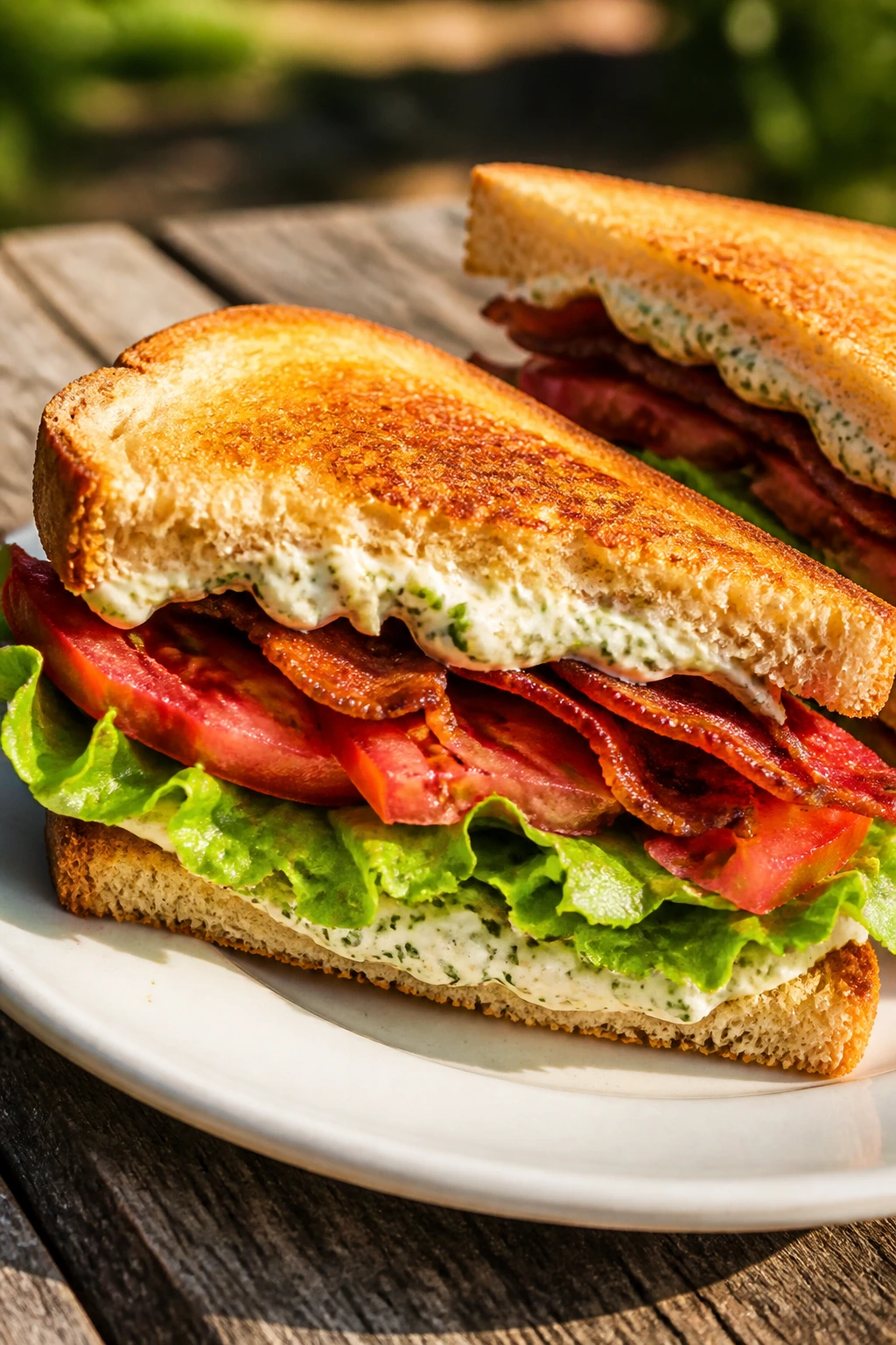 Close-up of a BLT sandwich with herb mayo on a plate outdoors