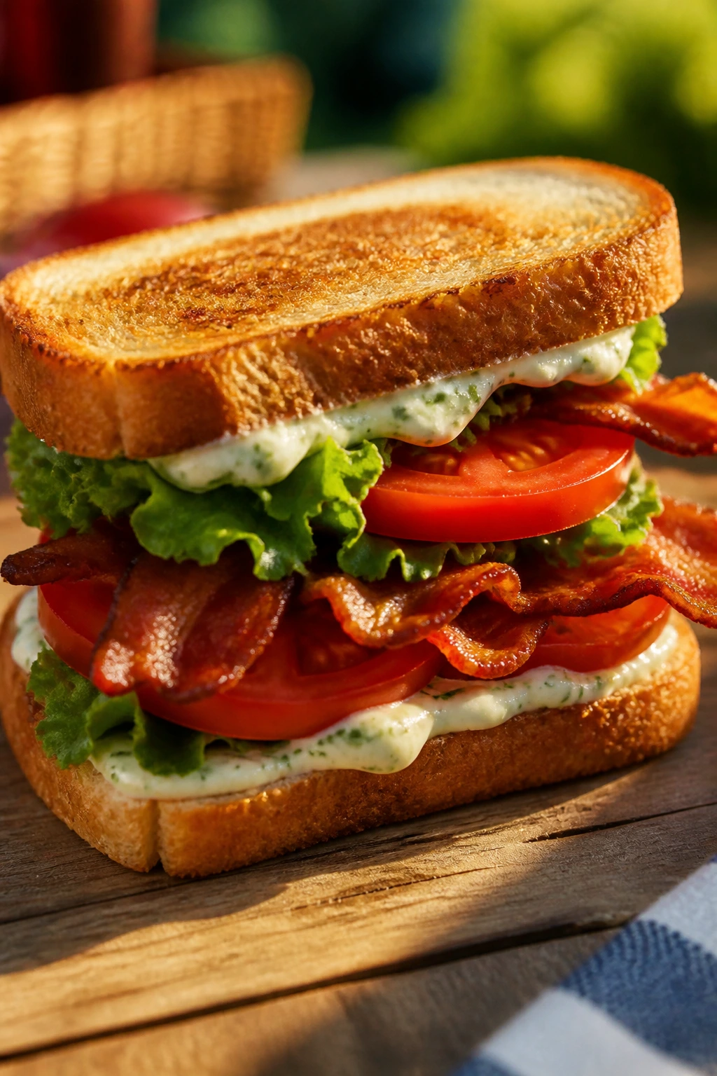 Close-up BLT with herb mayo showing bacon, tomato, and lettuce.