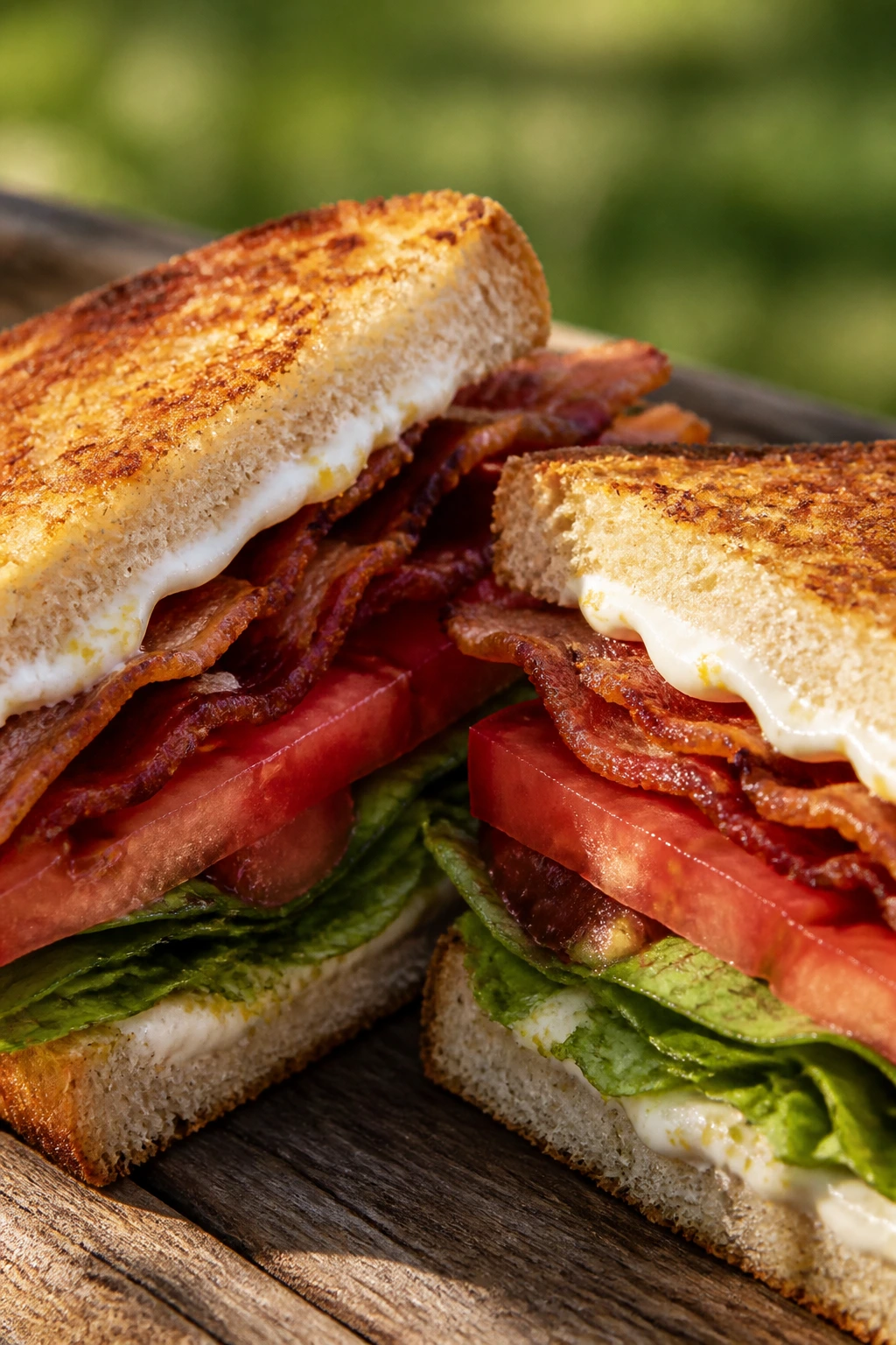 Close-up of a toasted BLT with lemon mayo on a wooden board for a picnic
