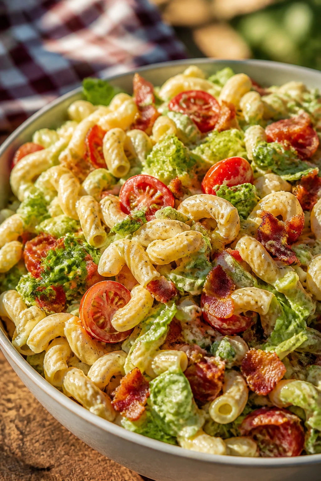 Close-up of BLT pasta salad with bacon and tomatoes