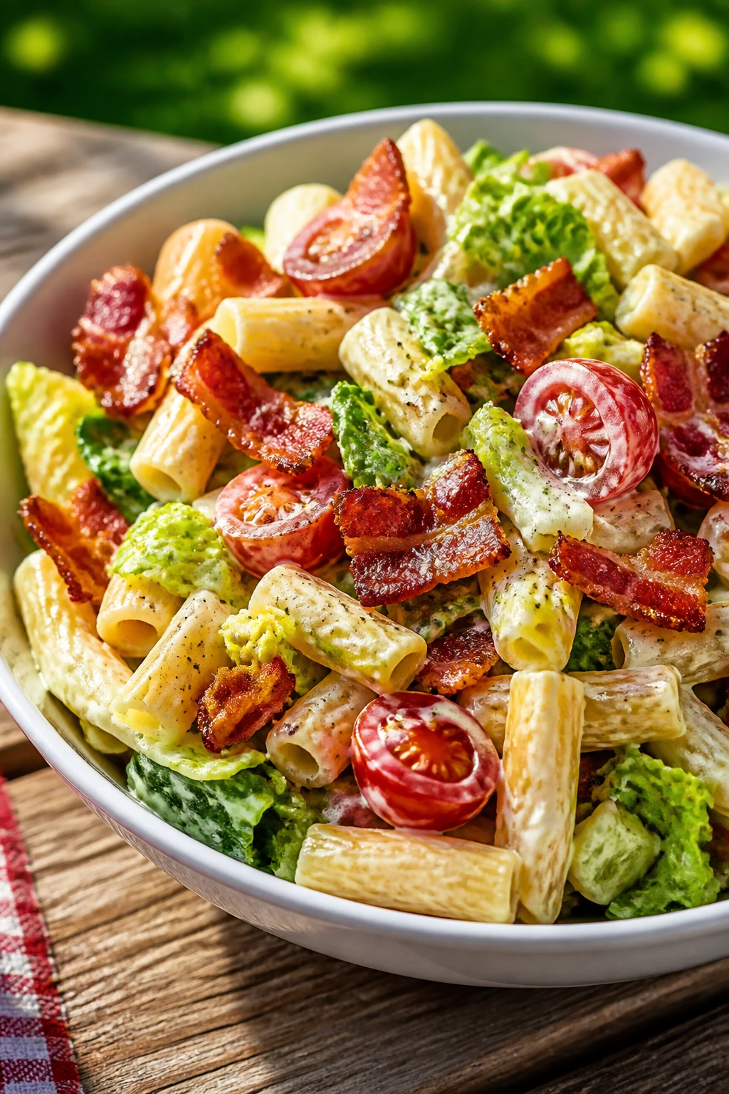Close-up of BLT pasta salad with bacon, tomatoes, and romaine in a bowl