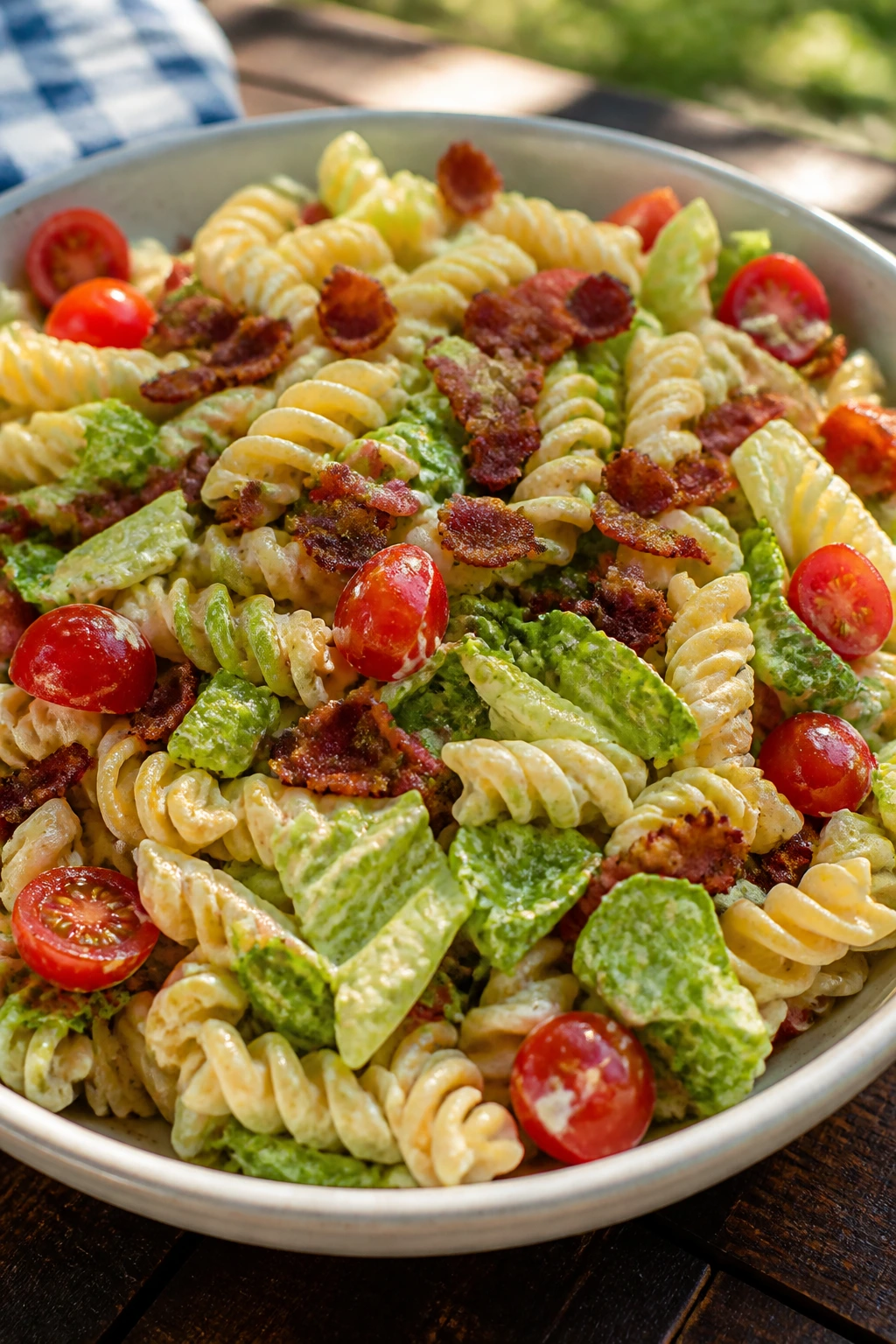 BLT pasta salad with bacon, tomatoes, and romaine in a bowl on a sunny picnic table