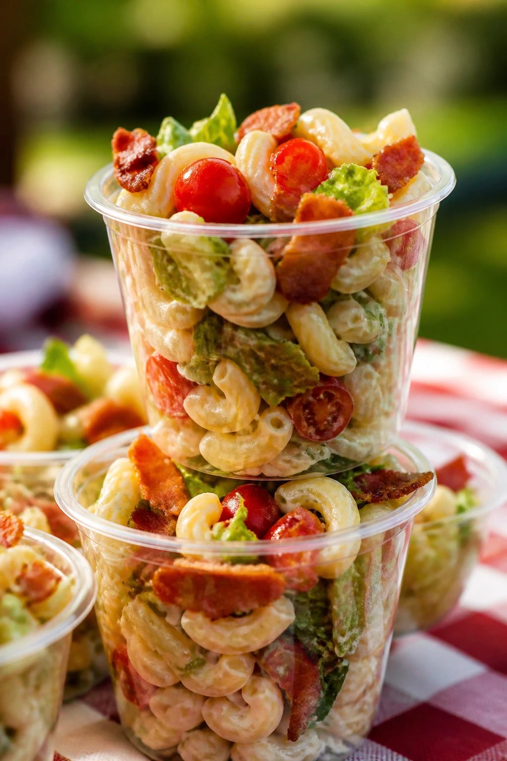 Pasta salad cups with bacon and tomatoes on a picnic table