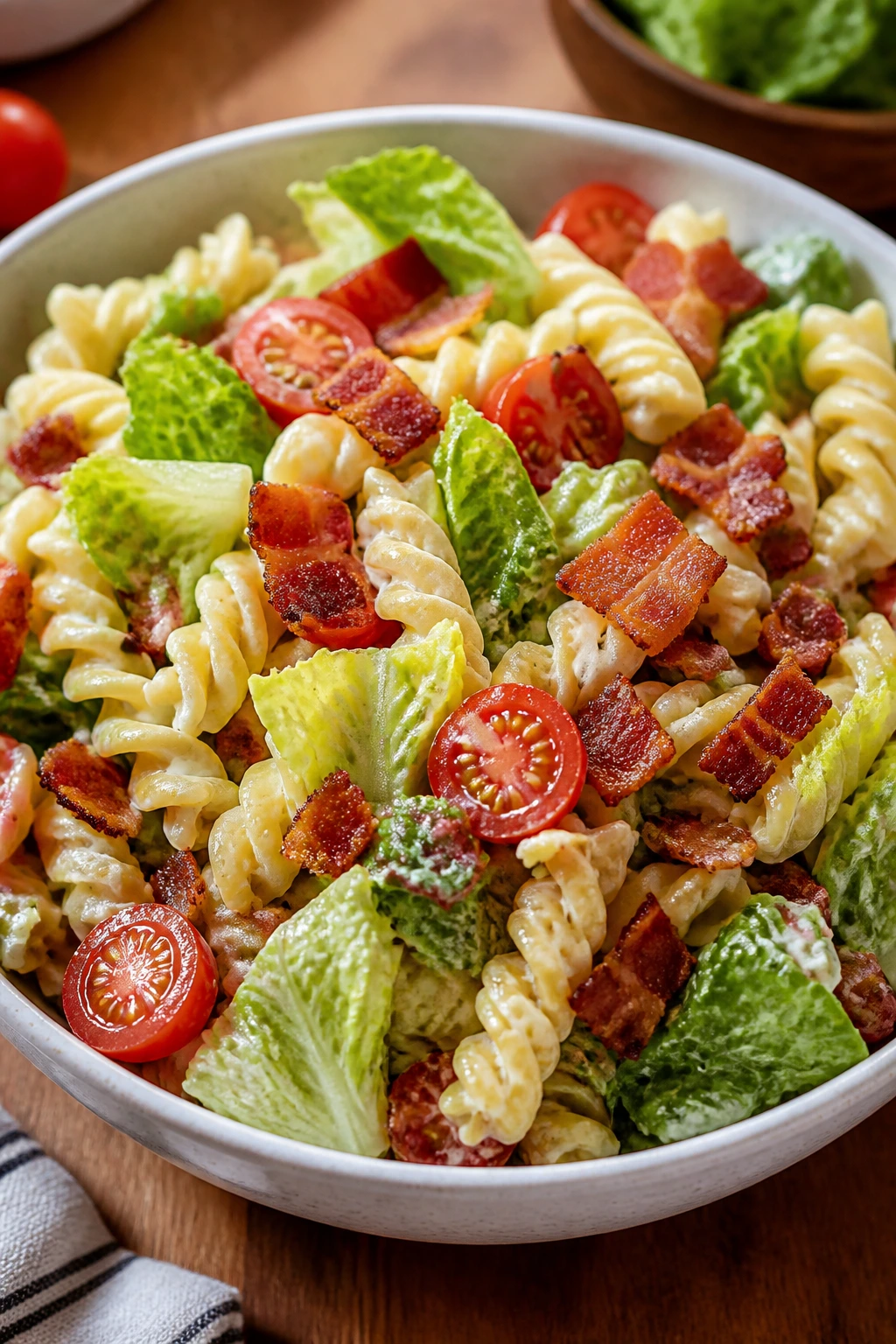 Close-up of BLT pasta salad in a bowl with bacon, tomatoes, romaine on wooden table