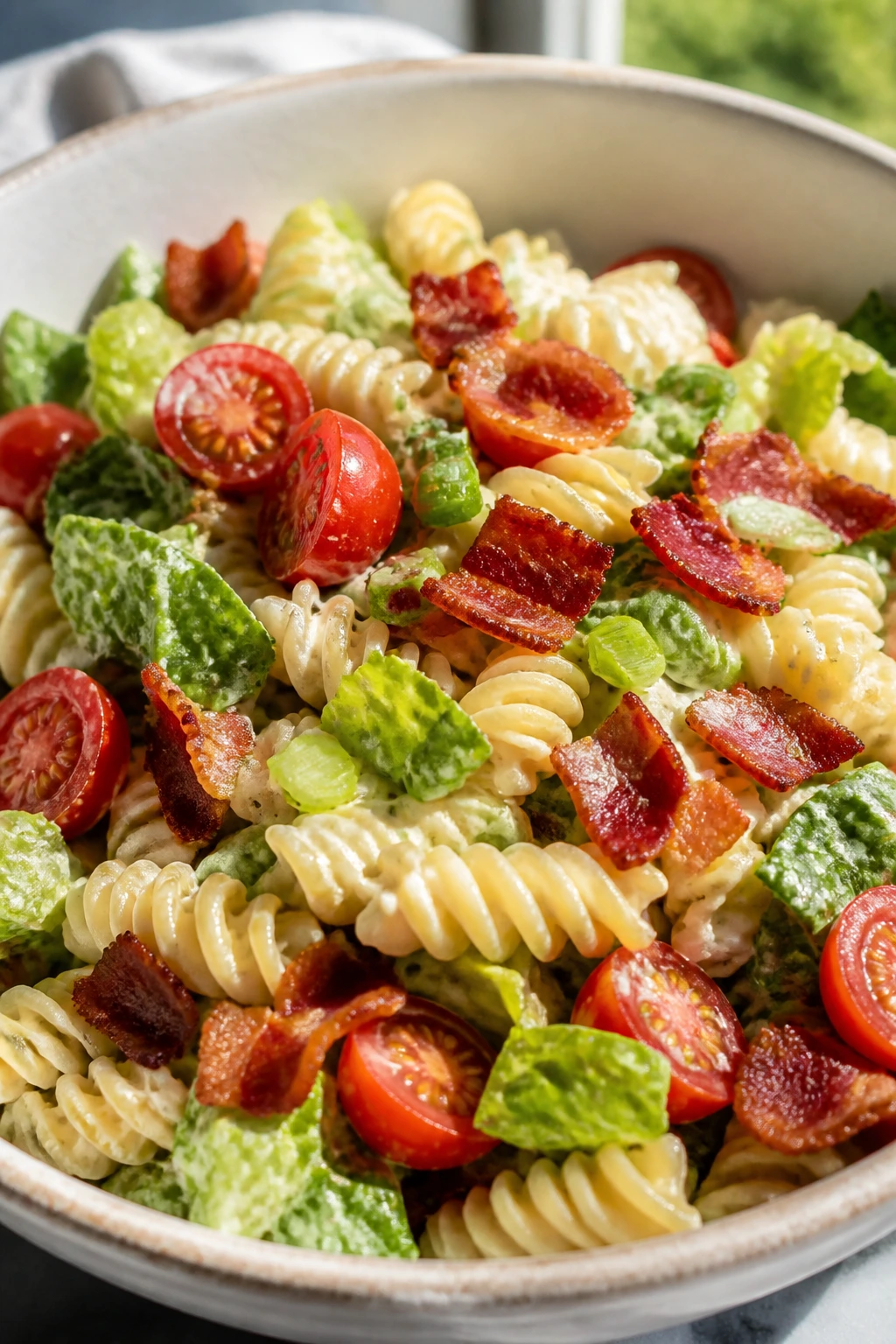 Pasta salad with bacon, tomatoes, and romaine in a bright bowl