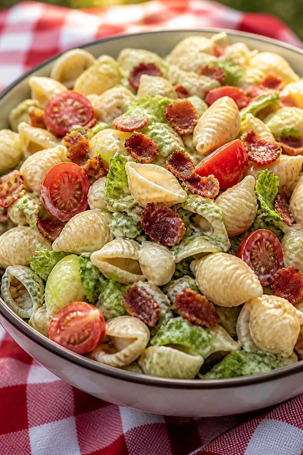 Close-up of BLT Pasta Salad with bacon, tomatoes, and romaine at a picnic.