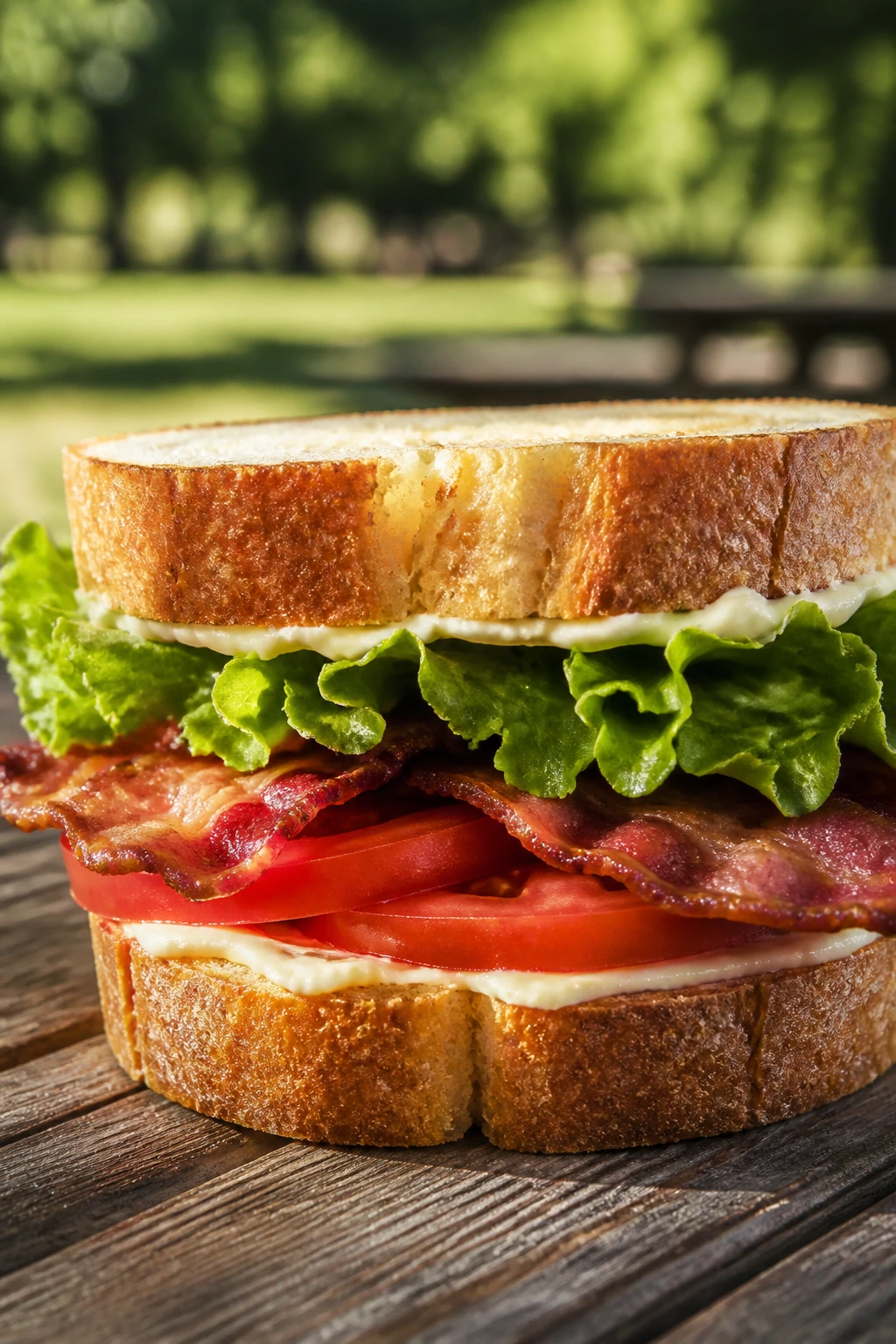 Close-up BLT sandwich with bacon, lettuce, and tomato on sourdough