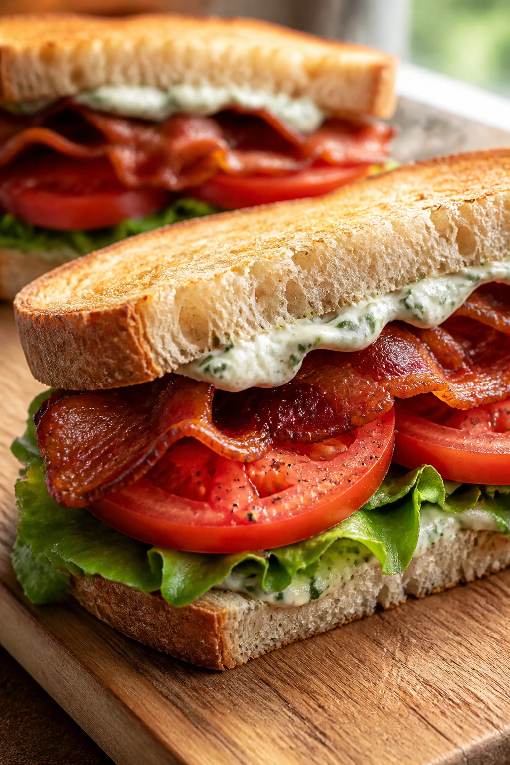 Close-up BLT sandwich showing bacon, lettuce, tomato and herb mayo on bread