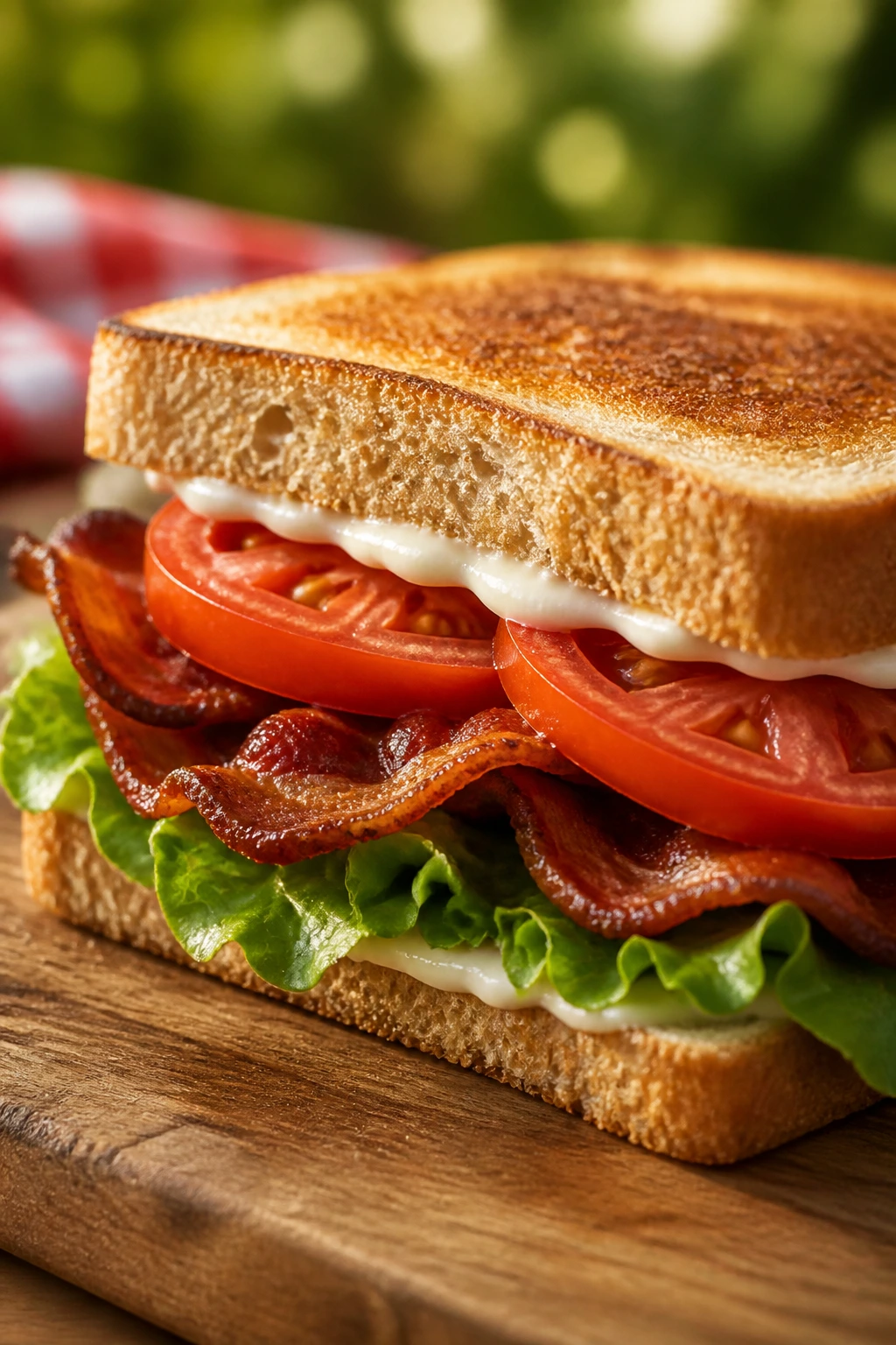 Close-up of a classic BLT on rustic bread with bacon, tomato, and lettuce