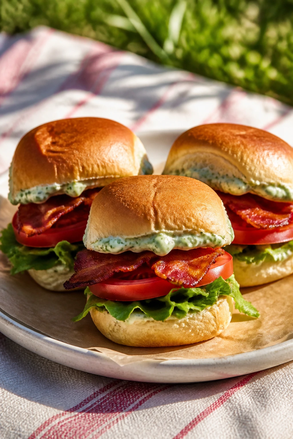 Close-up of BLT sliders with basil mayo on picnic blanket outdoors