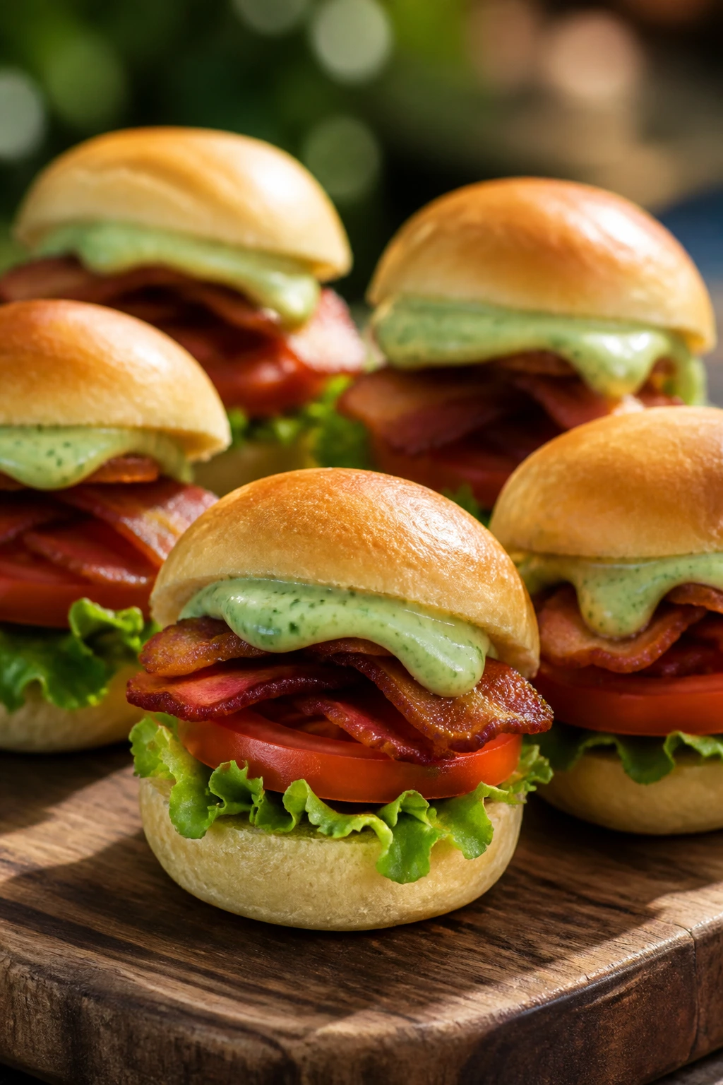 Mini BLT sliders with basil mayo on a wooden board in a sunny picnic scene.