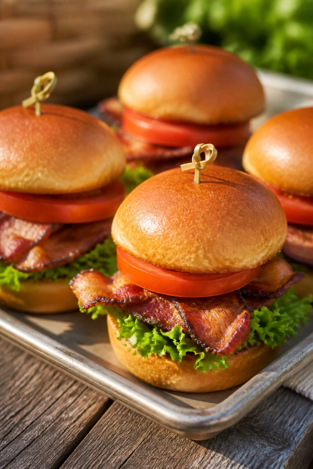 Close-up of BLT Sliders on a small tray at an outdoor picnic