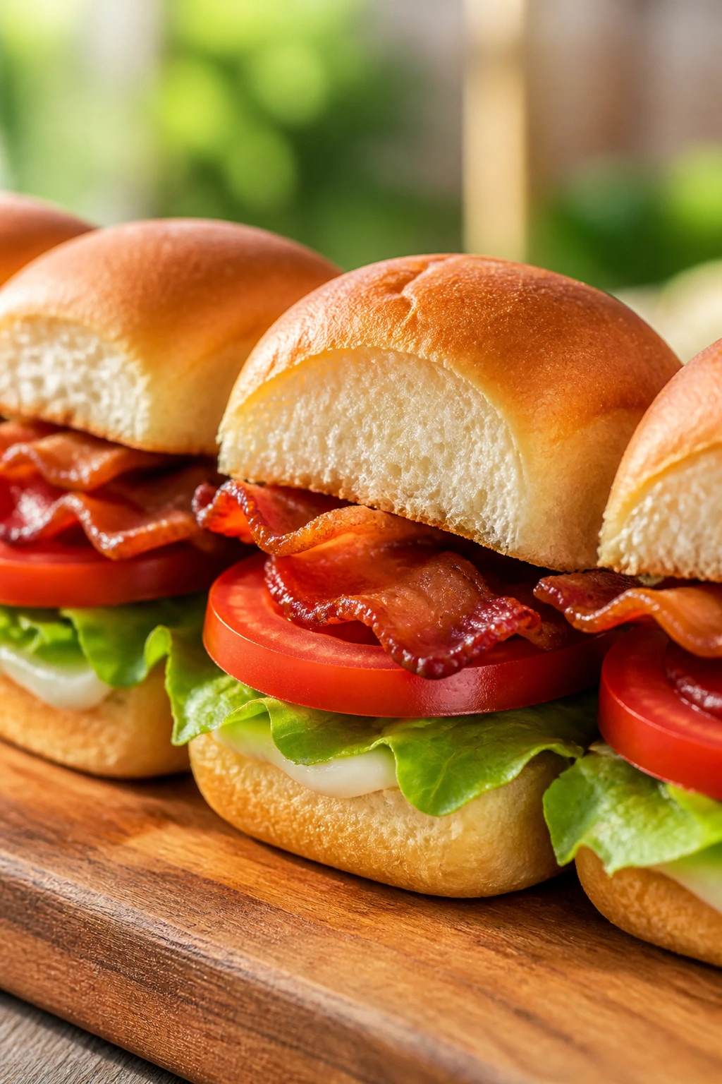 Close-up of BLT sliders on a wooden board
