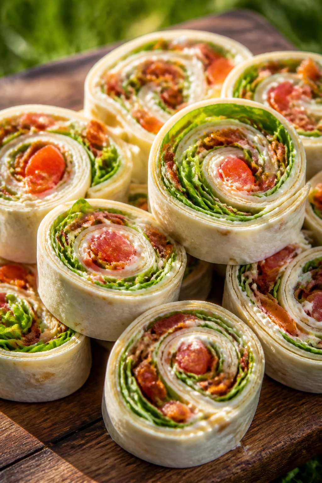 Close-up of BLT tortilla pinwheels on a wooden board at a sunny picnic