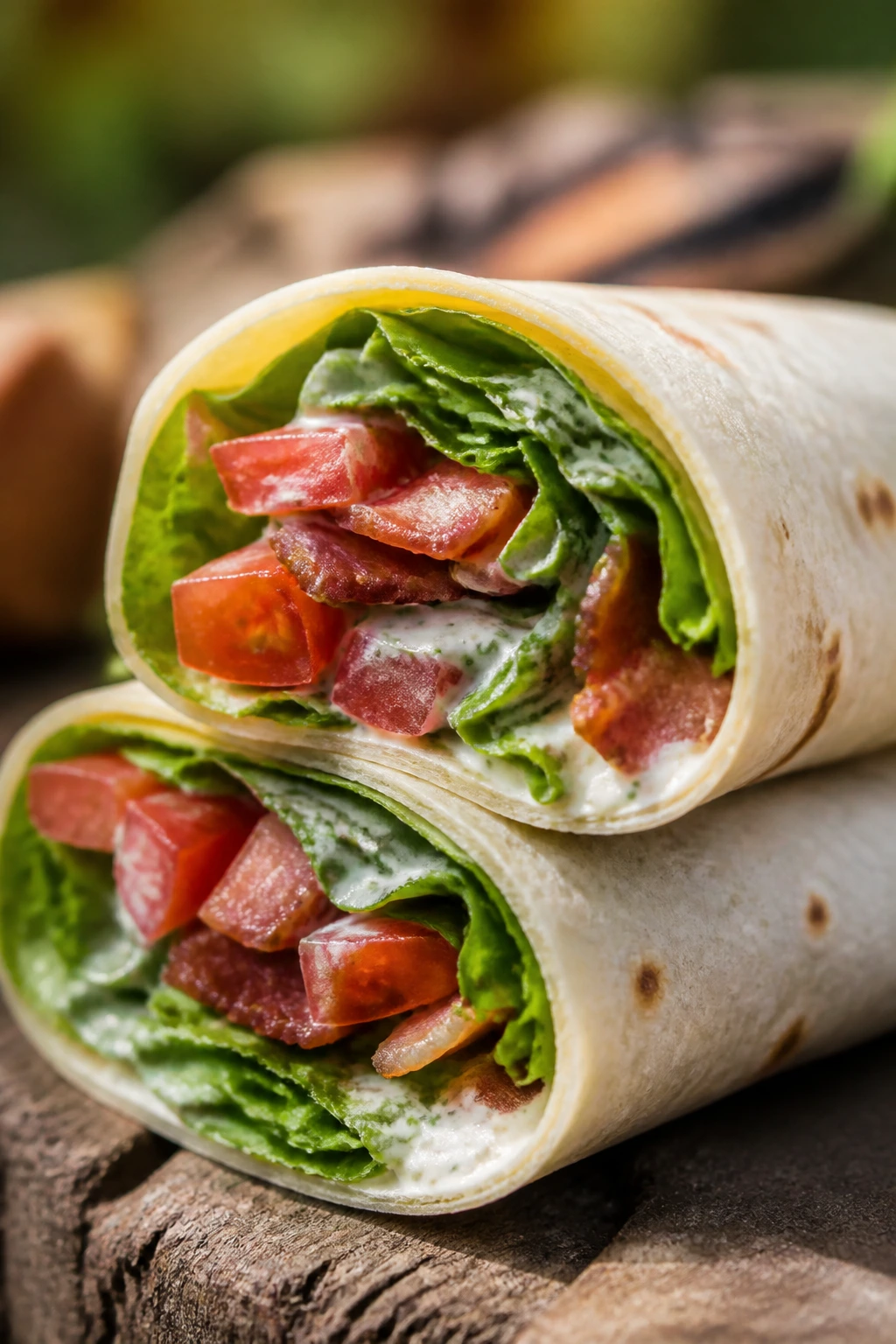 Close-up of BLT Ranch wrap showing bacon, tomato, romaine and ranch on a picnic surface