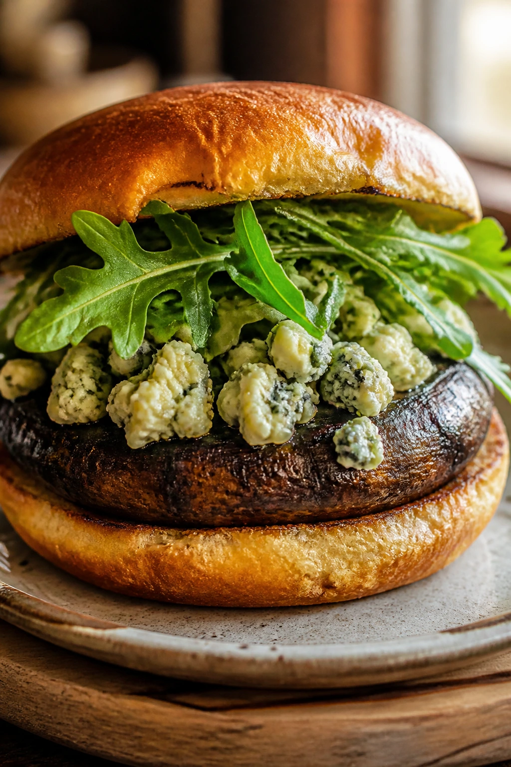 Portobello burger with blue cheese and arugula