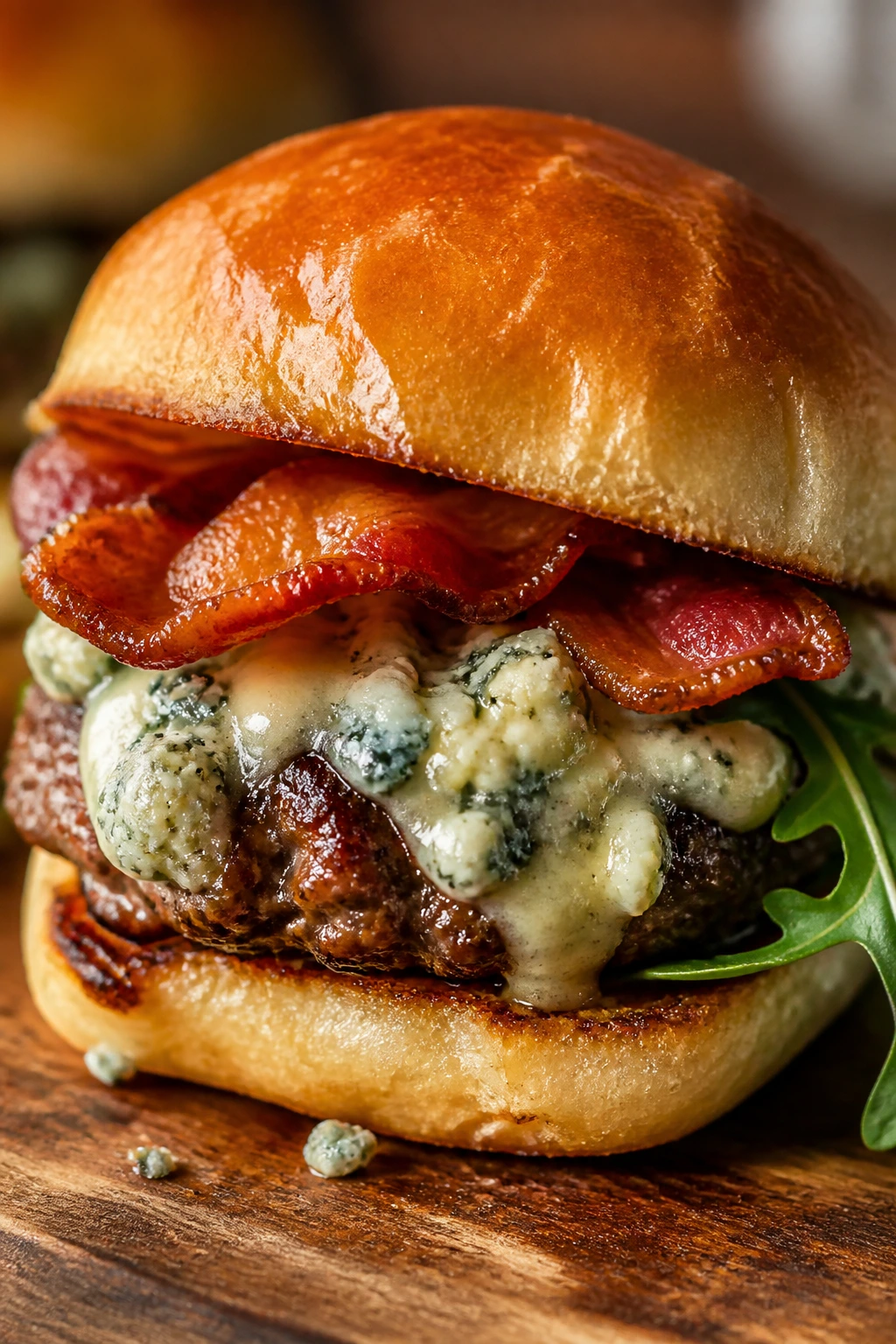 Close-up of a Blue Cheese Bacon Slider with melted cheese, bacon, and arugula