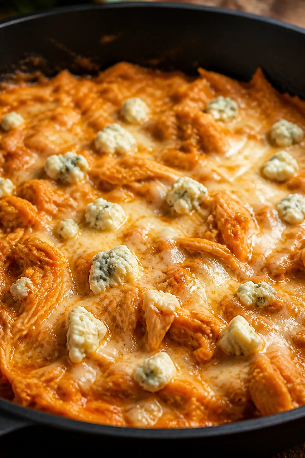 Blue cheese buffalo chicken in skillet with melted cheese