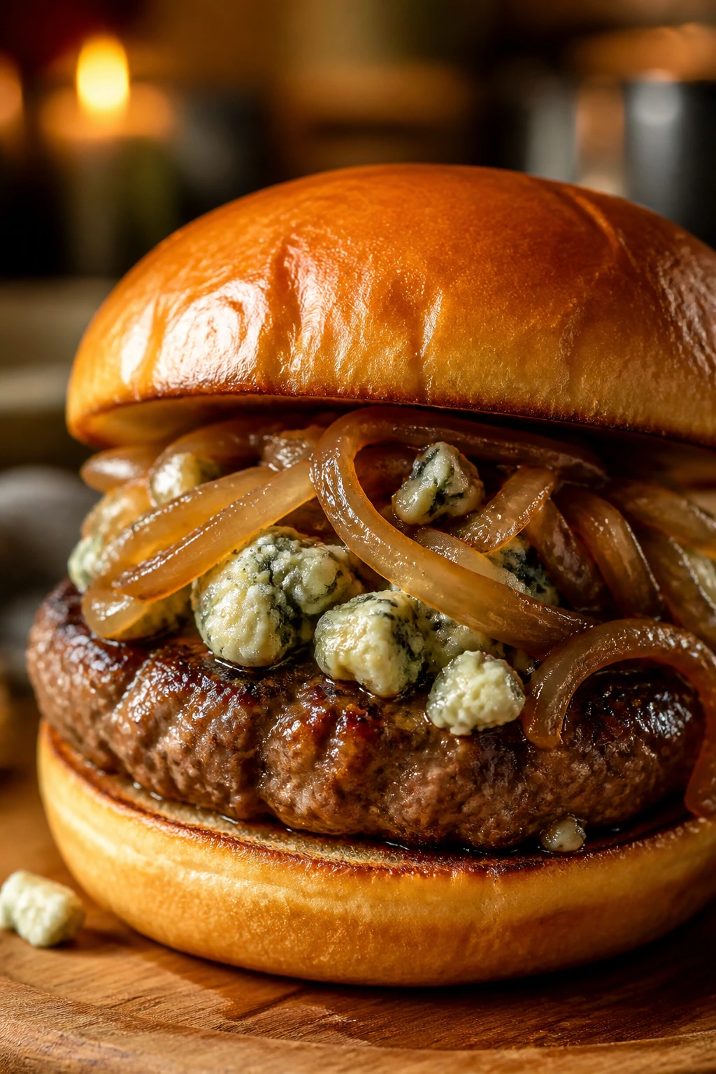 Beef patty with blue cheese and caramelized onions on a brioche bun.