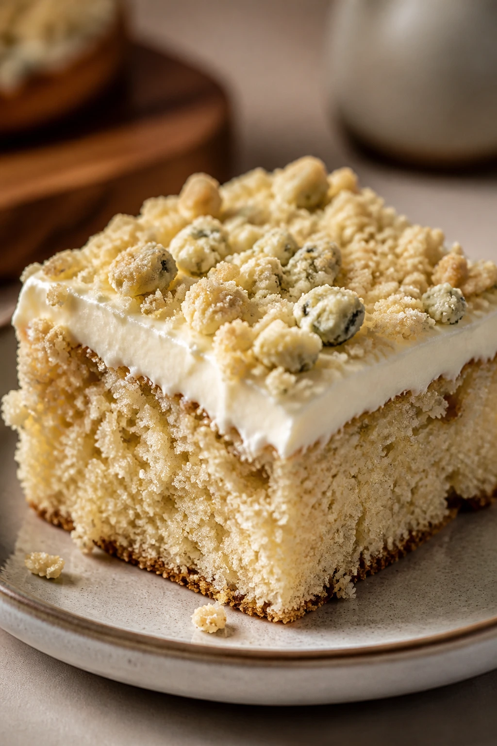 Close-up of vanilla-buttermilk cake slice with blue cheese crumble and frosting on plate