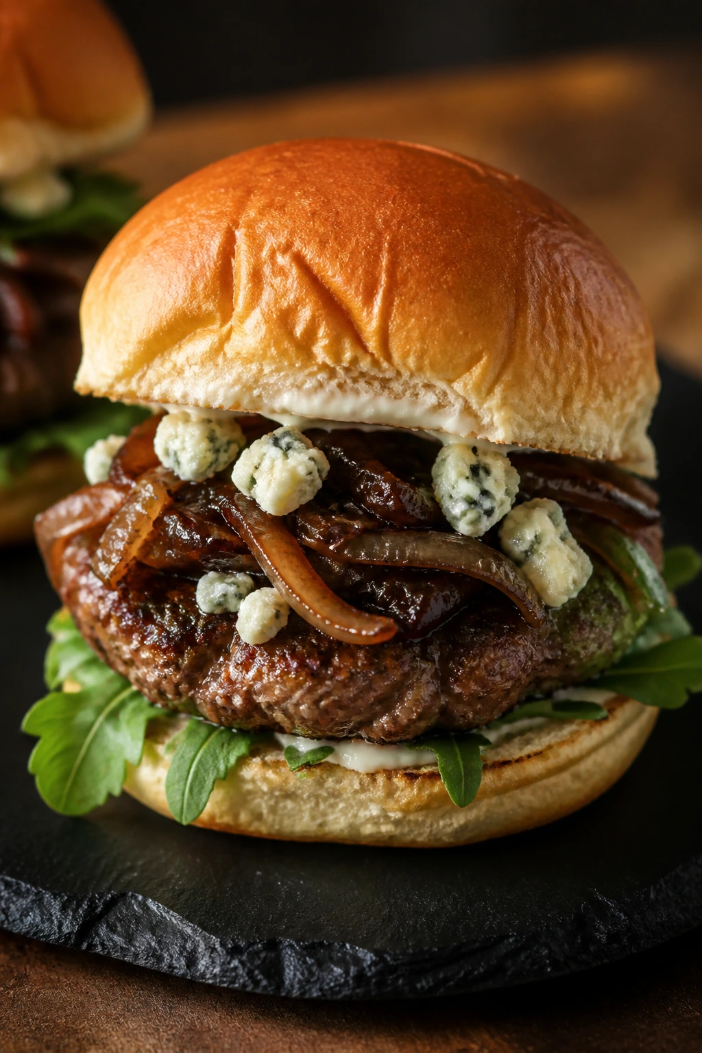Beef slider with blue cheese and caramelized onions on slate