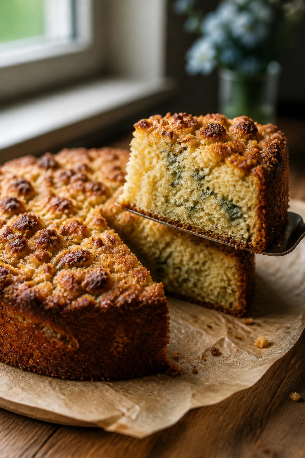 Close-up of bronzed blue cheese crumble cake with golden top and slice
