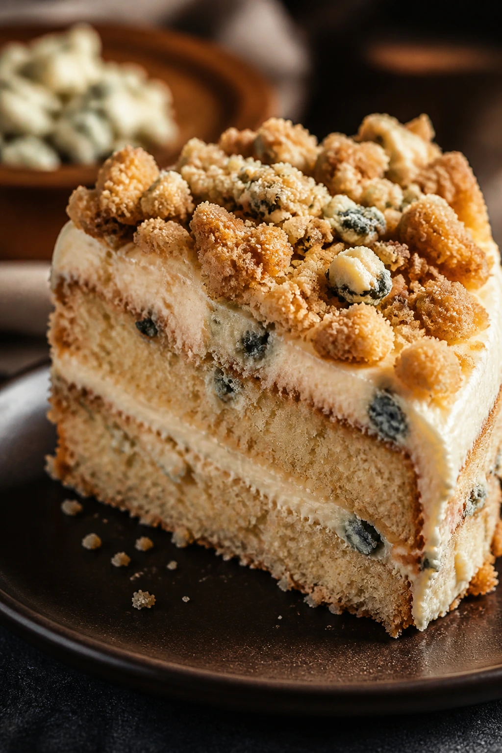 Close-up of blue cheese crumble on cake slice