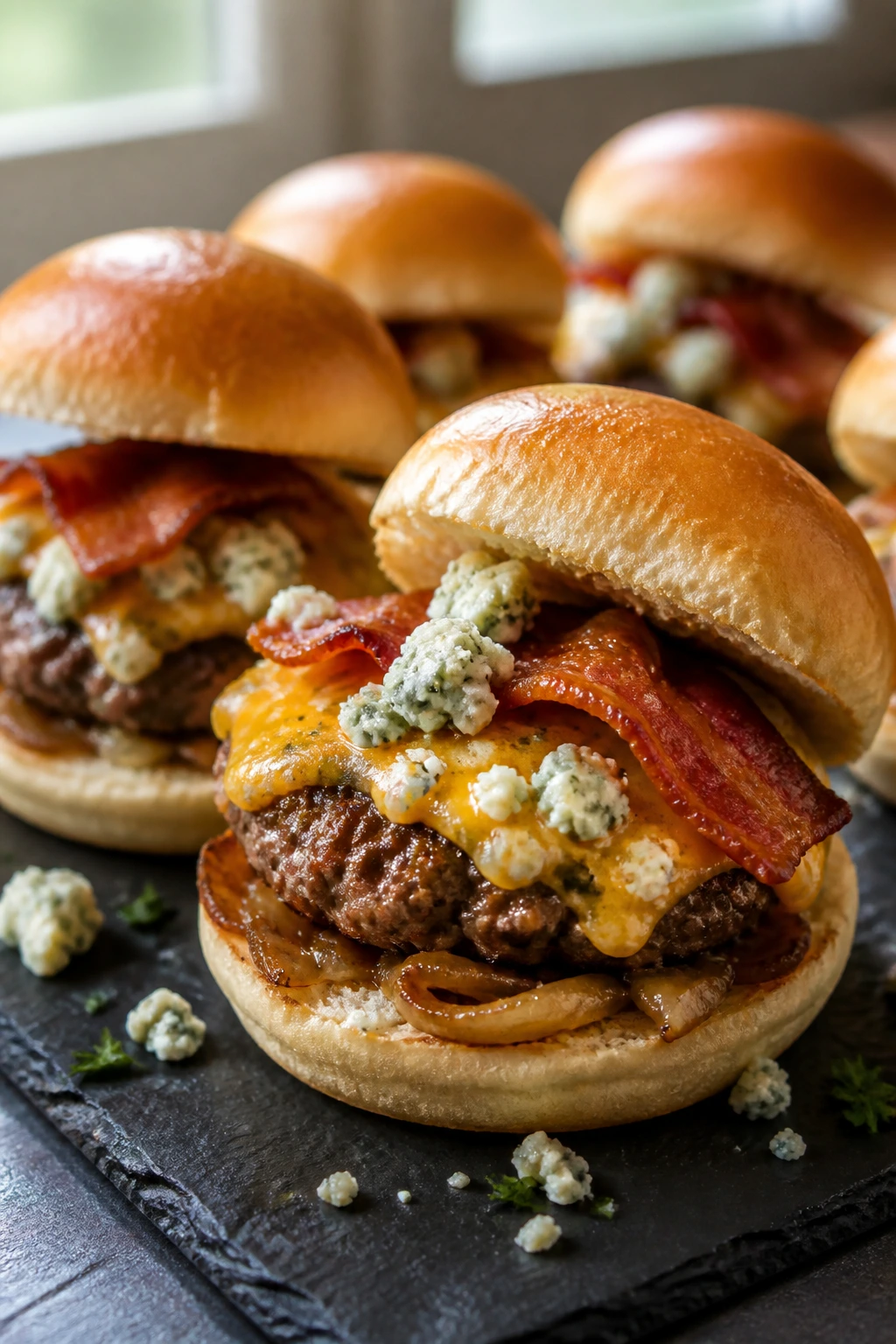 Close-up of Blue Cheese Bacon Cheeseburger Sliders with blue cheese and bacon