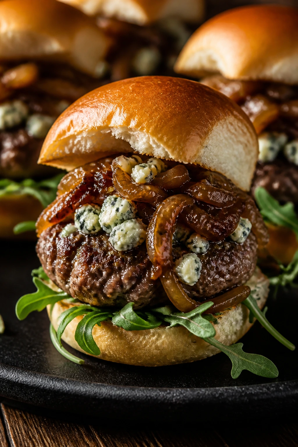 Close-up of a blue cheese and caramelized onion slider on a bun.