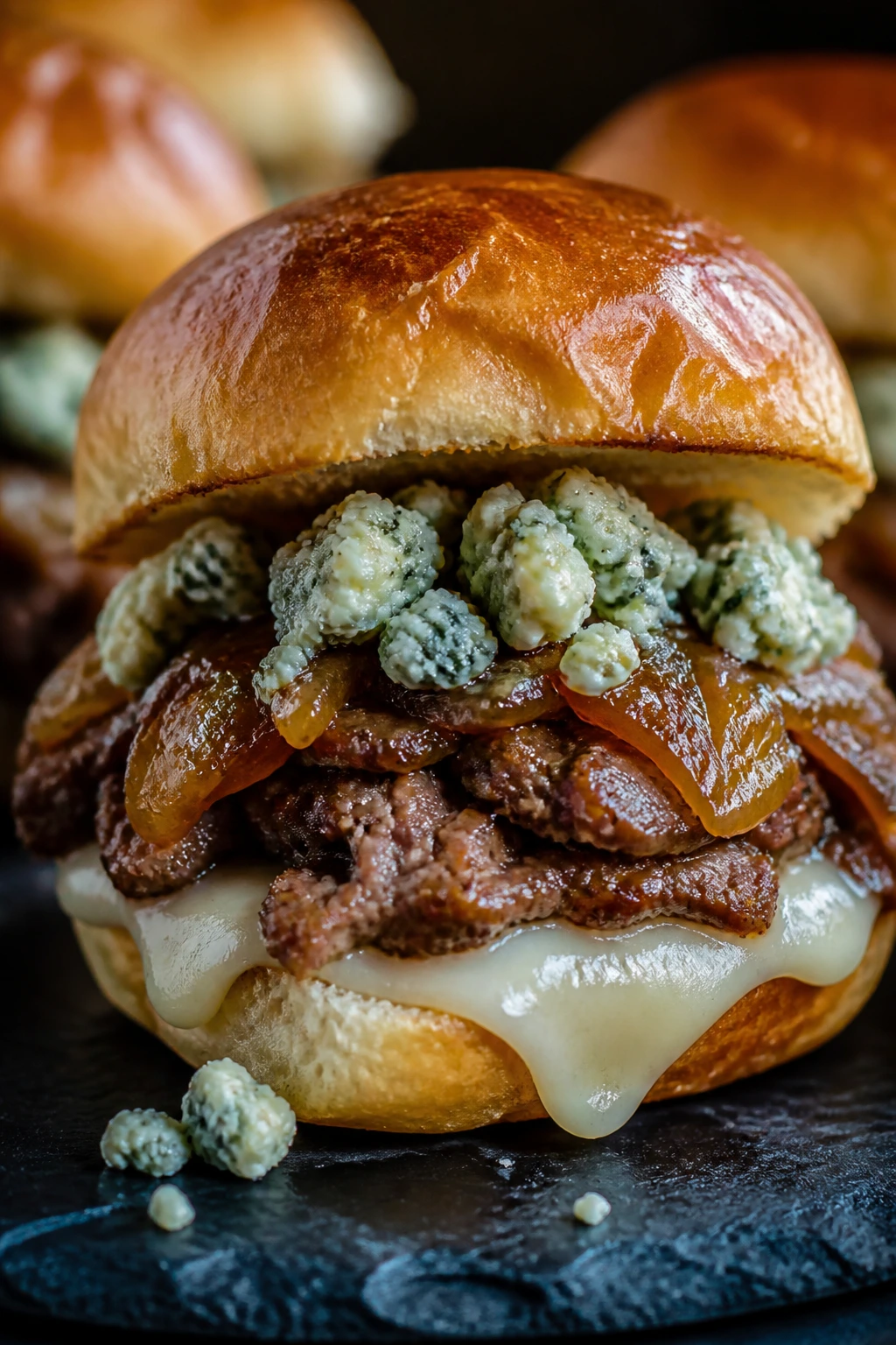 Close-up of Blue Cheese Steakhouse Sliders with blue cheese and onions