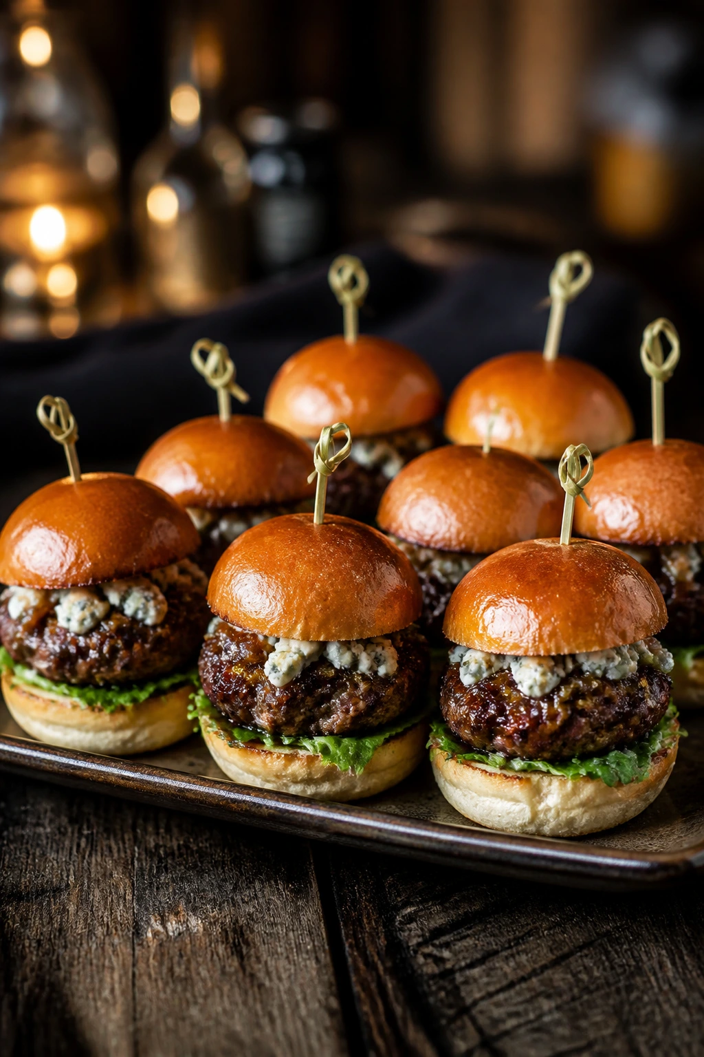 Mini burgers topped with blue cheese and steak sauce on a rustic plate.