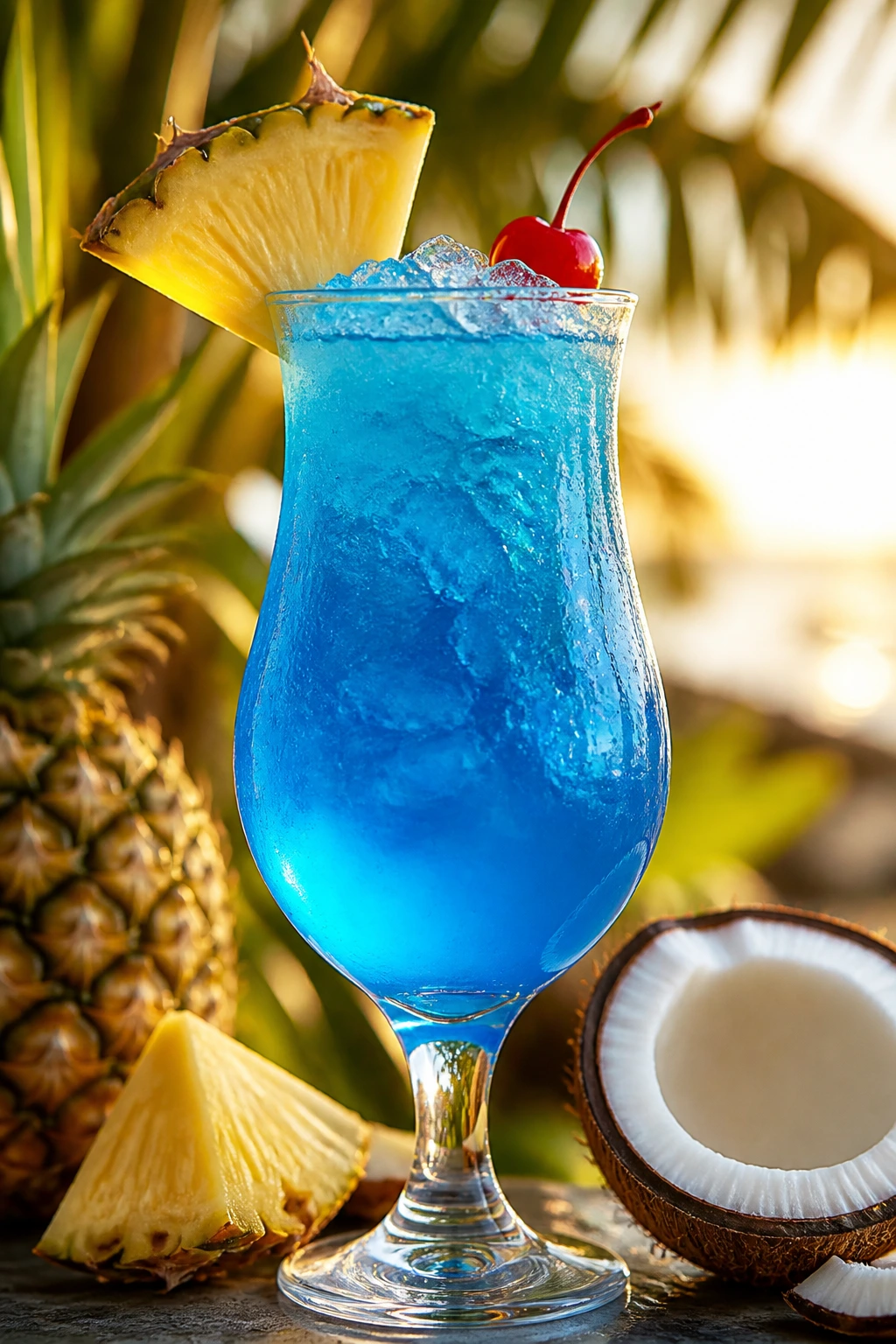 Blue Hawaiian cocktail in hurricane glass with pineapple and cherry garnish