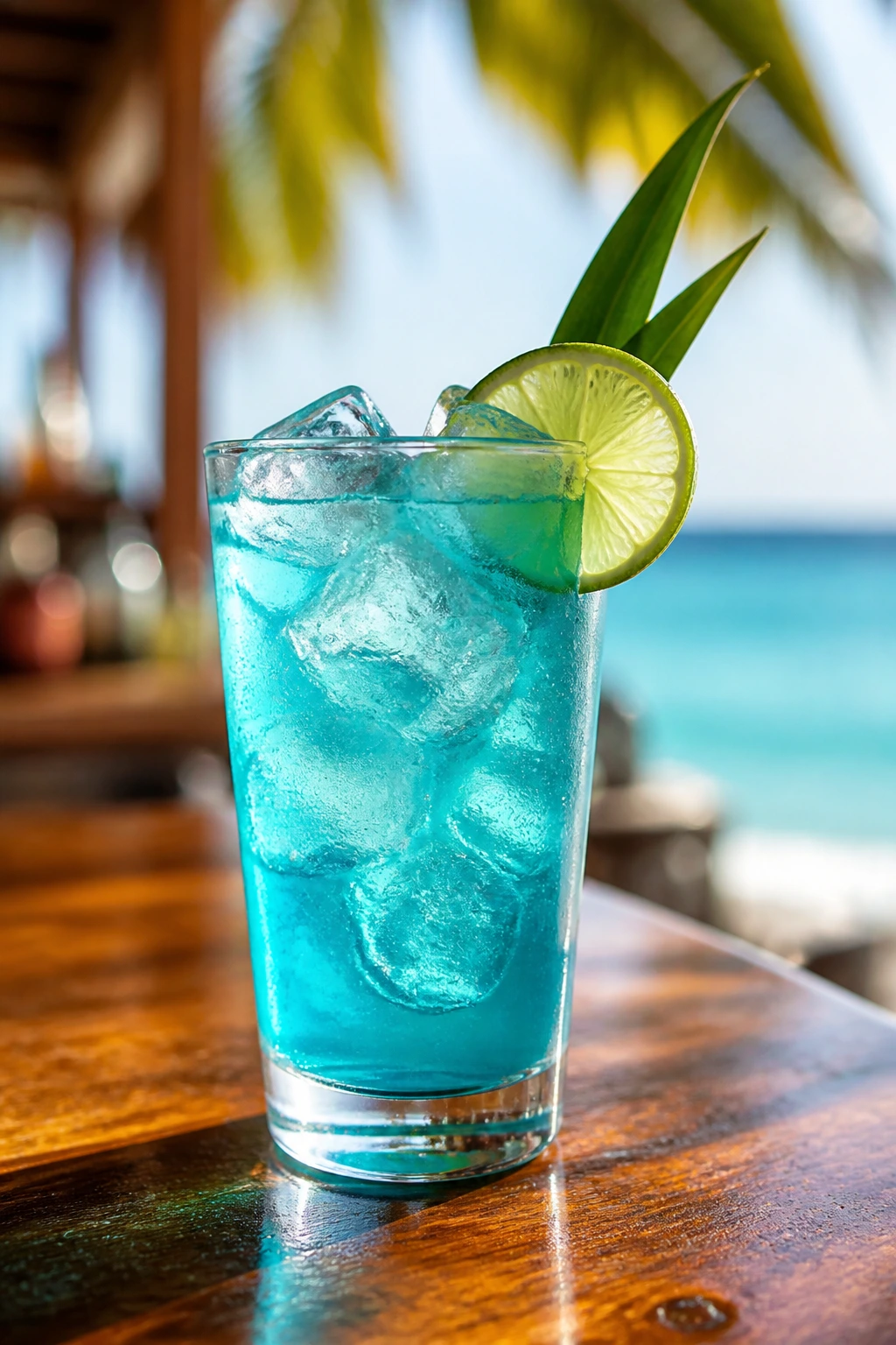 Close-up of a blue coconut curaçao spritz in a tall glass with lime wheel garnish on a beach