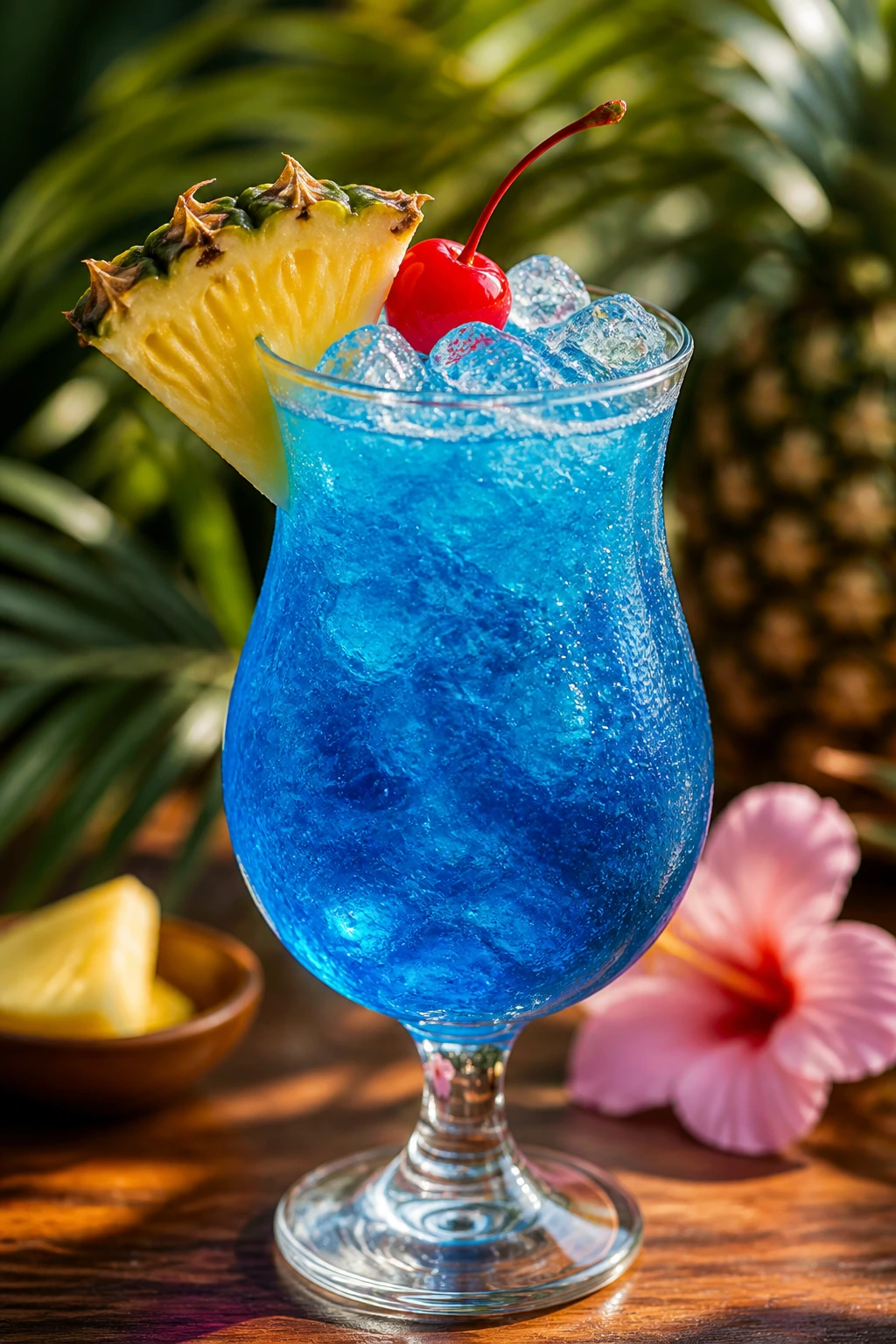 Close-up of Blue Hawaiian cocktail with pineapple and cherry garnish
