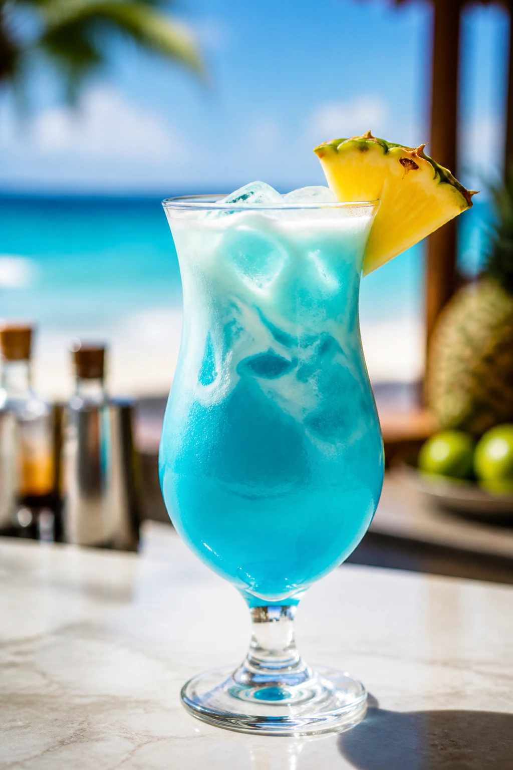 Blue Hawaiian cocktail with pineapple wedge on a beach bar
