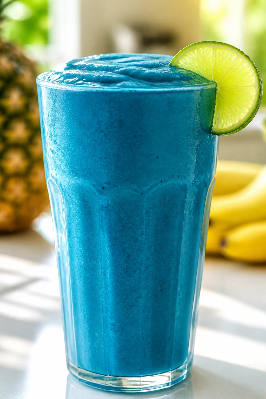 Electric blue Blue Spirulina Banana Pineapple Smoothie in a glass with lime