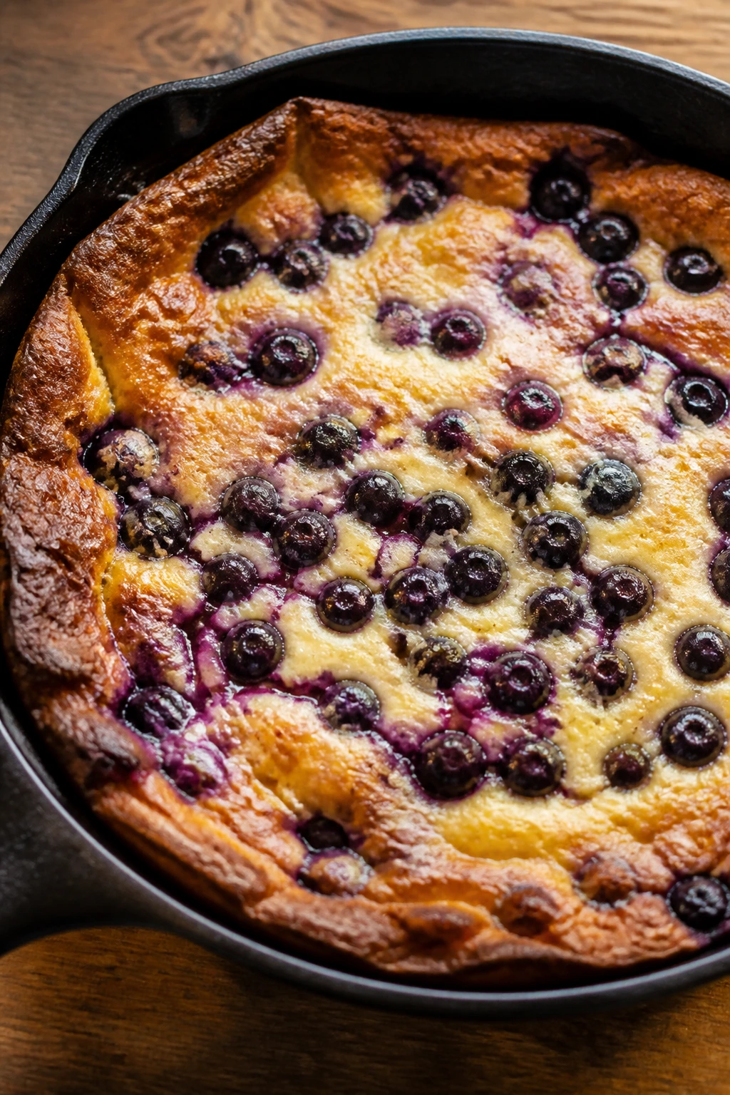 Cast-iron skillet with blueberry breakfast bake and browned edges
