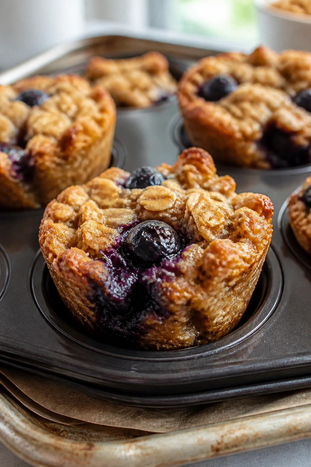 Close-up of blueberry baked oatmeal cup in muffin tin