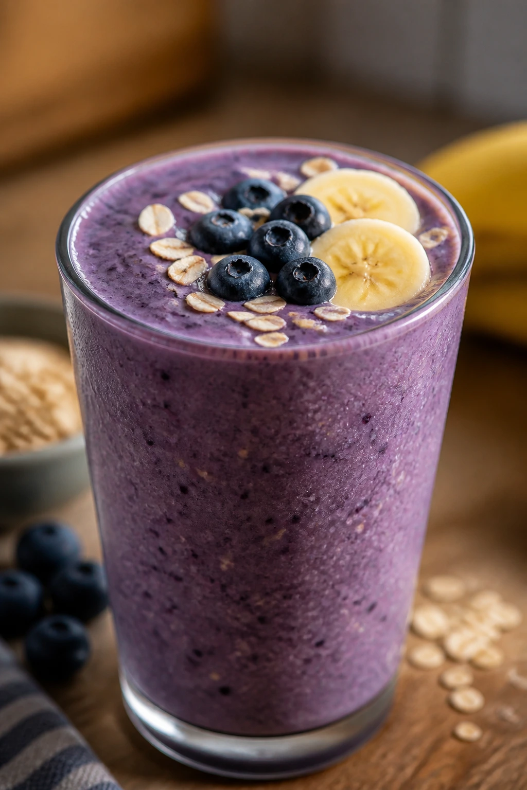 Close-up of blueberry banana oat smoothie in a glass with creamy texture.