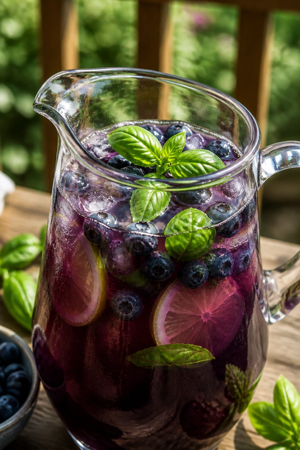 Glass pitcher of blueberry basil lemonade punch on a sunlit porch