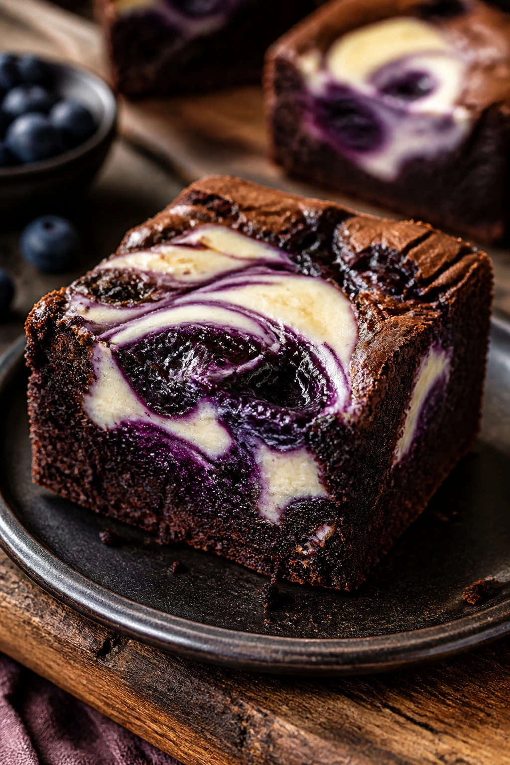 Close-up of a brownie with cheesecake swirl and blueberry ribbon on a wooden board