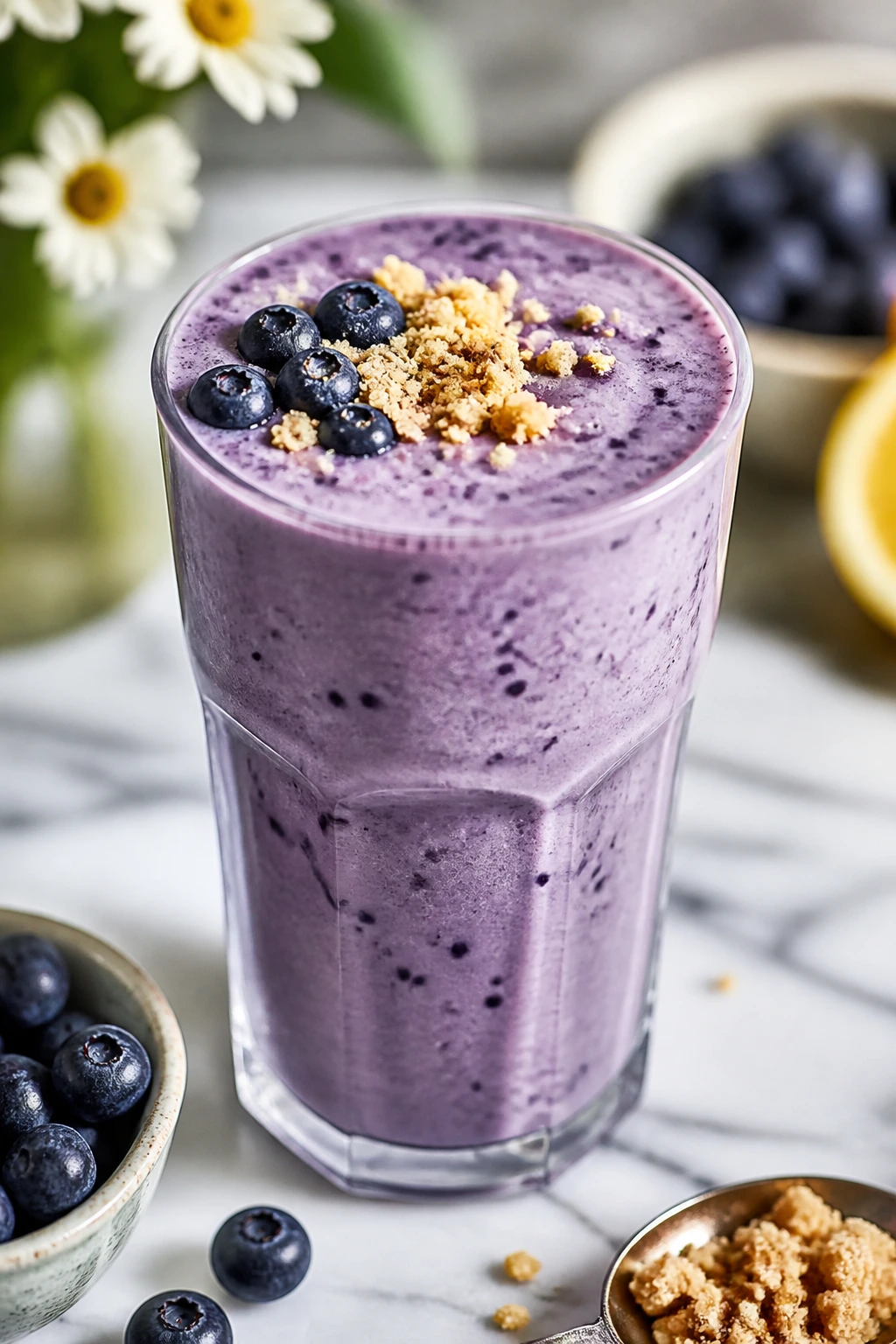 Blueberry cheesecake smoothie with crumb topping in a glass.