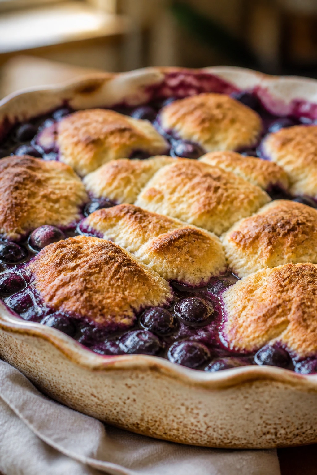 Blueberry Cobbler in rustic baking dish with golden biscuit topping