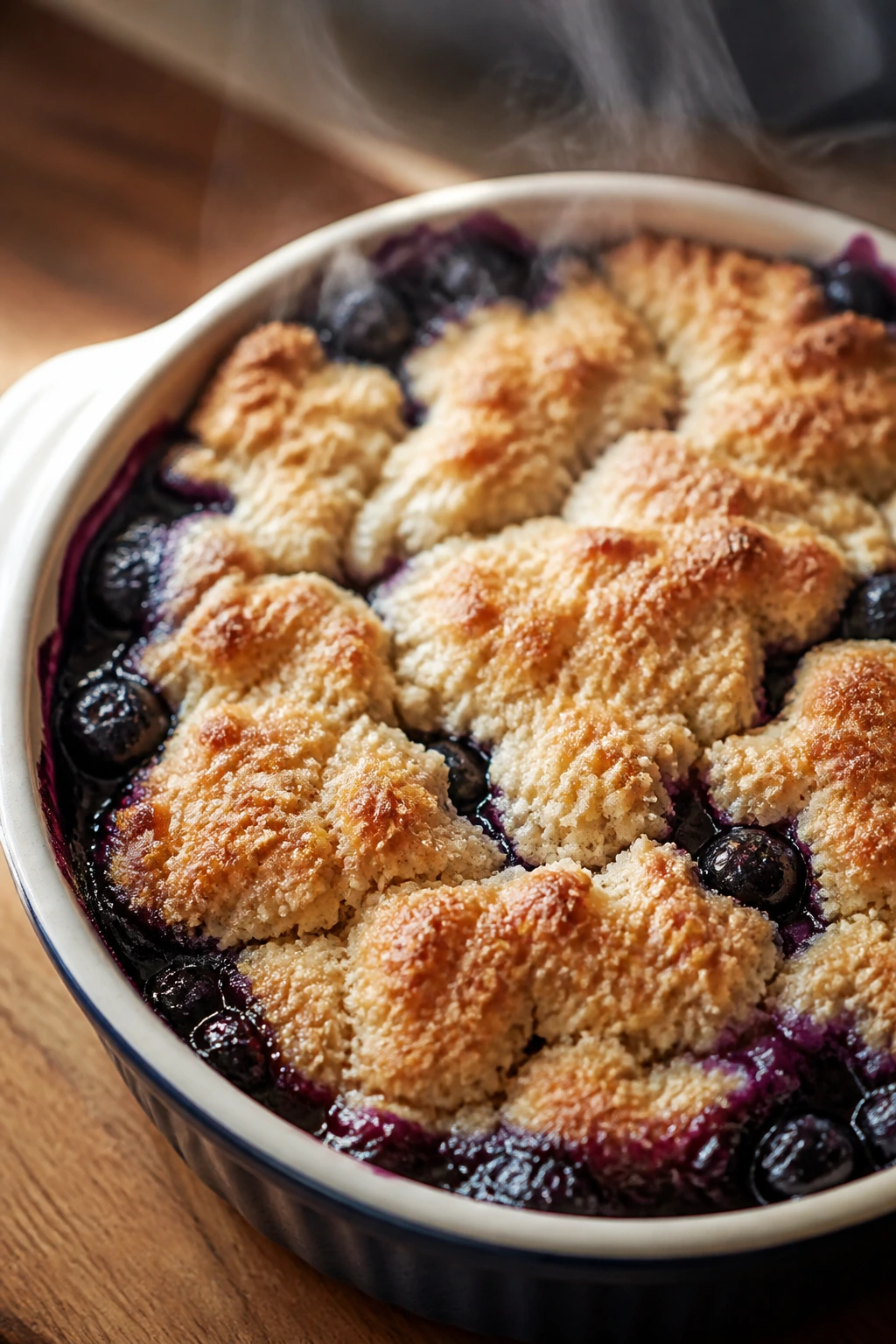Bubbling blueberry cobbler in a ceramic dish with crumbly topping