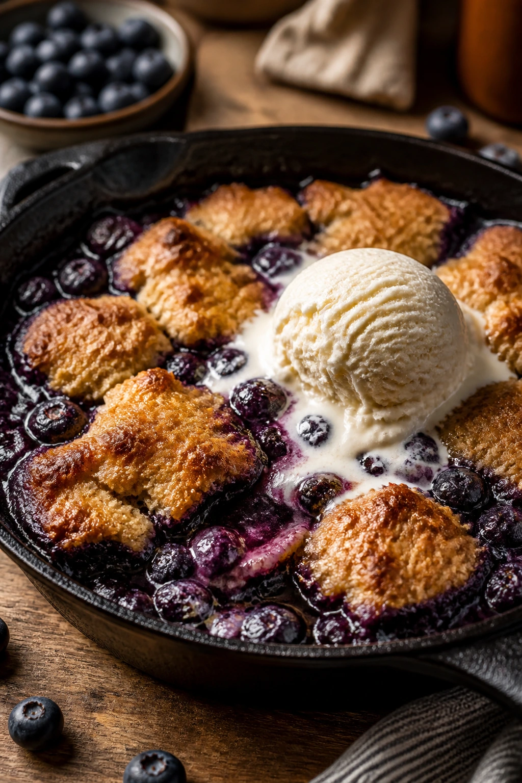 Close-up of bubbling blueberry cobbler in a cast-iron skillet with vanilla ice cream melting on top