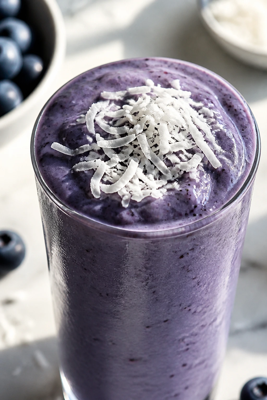 Blueberry smoothie in a glass with shredded coconut topping