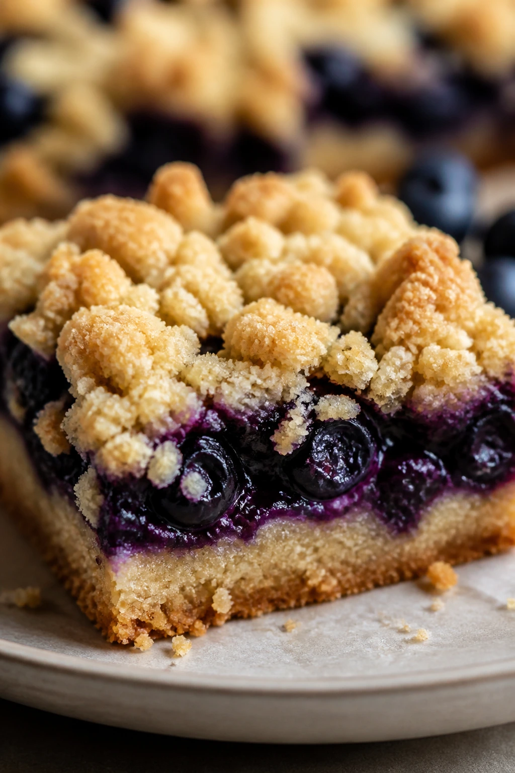 Blueberry crumb bar with jammy center and crumb topping on plate