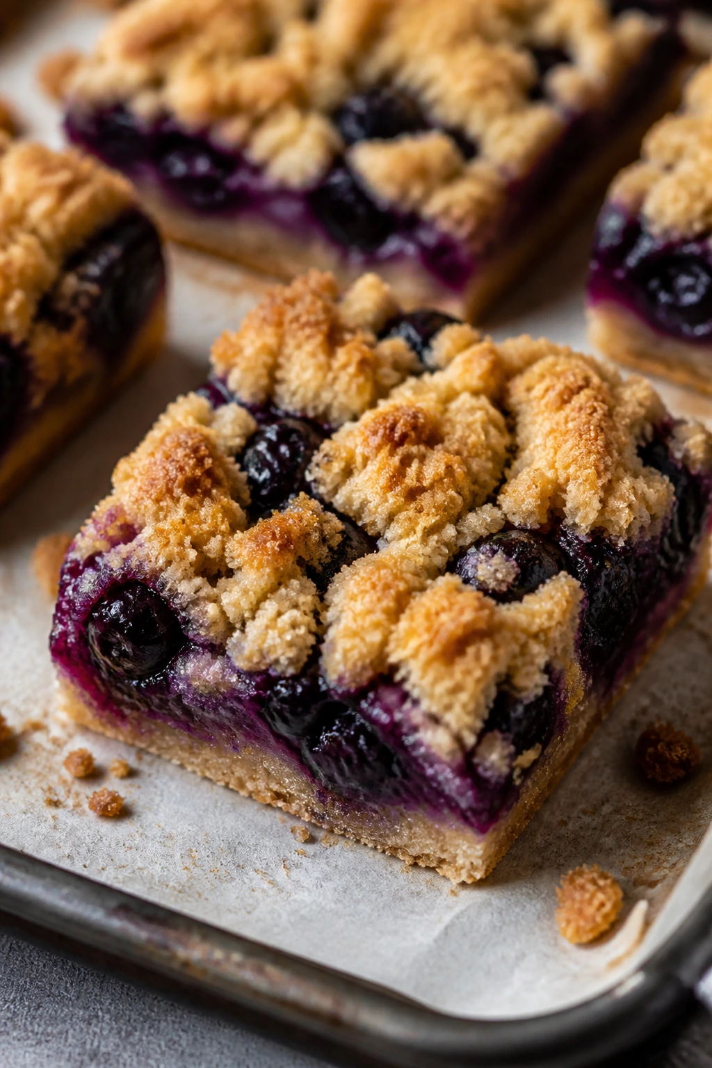 Close-up Blueberry Muffin Crumble Bar on parchment