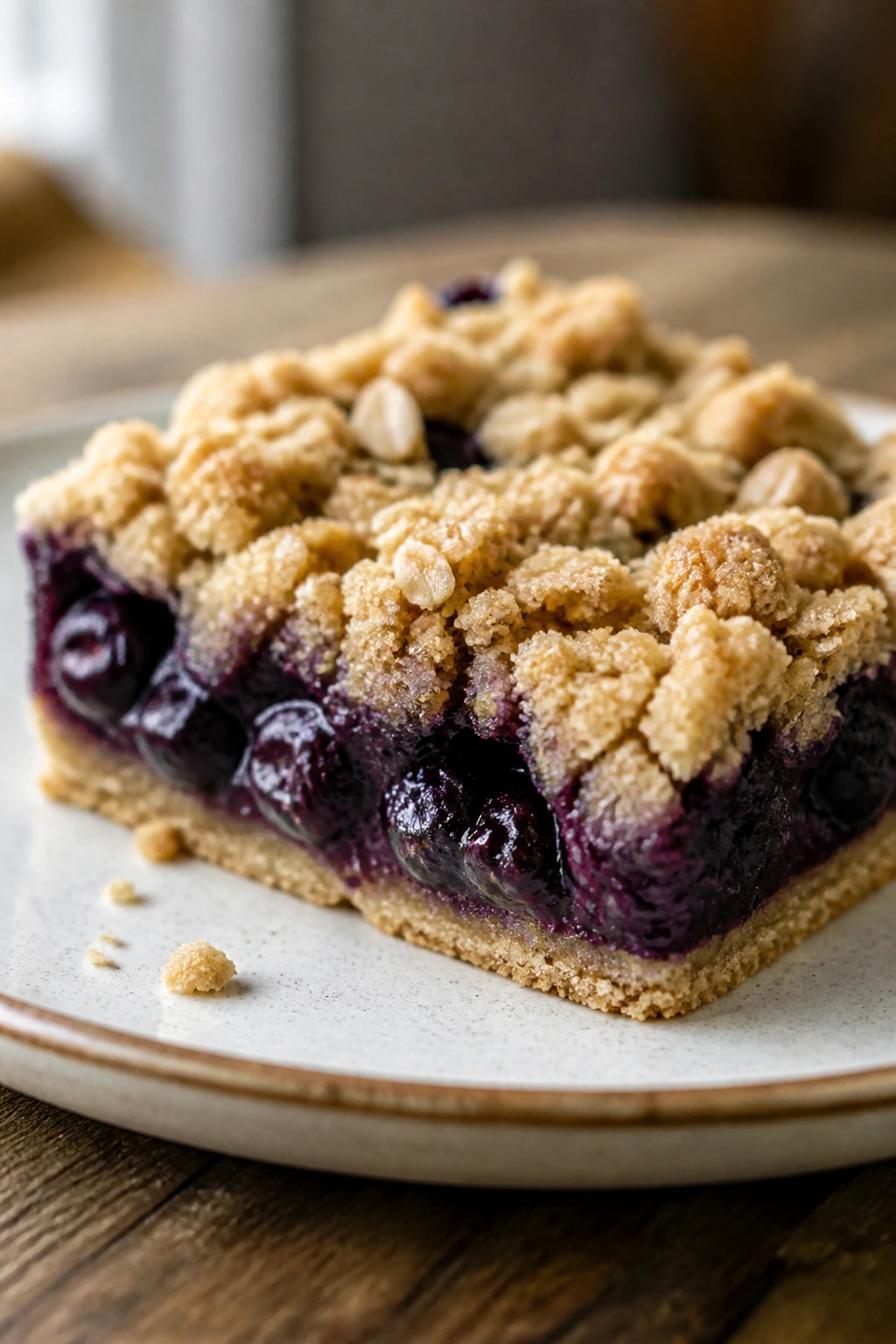 Close-up of blueberry crumble bar square with oat topping on a plate